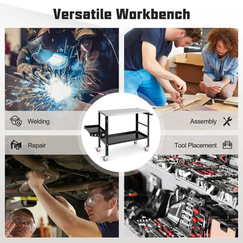 Collage showing welding, assembly, repair, tool placement with central image of Welding Table 36 By 18 Inch With Wheels, 1200 Lbs Capacity.