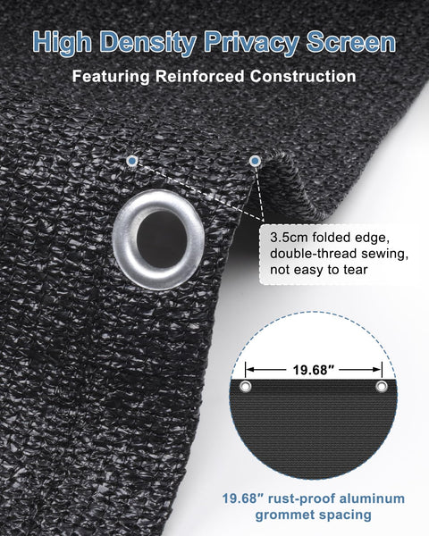 Close-up of Black 3x10 Privacy Screen Fence Cover Made From HDPE Mesh With Grommets, showing reinforced construction and 19.68" grommet spacing