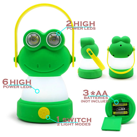 Green lantern with frog face design, yellow handle, showing LED lights and battery compartment of Owl Themed Kid Friendly LED Lantern And Headlamp Set.