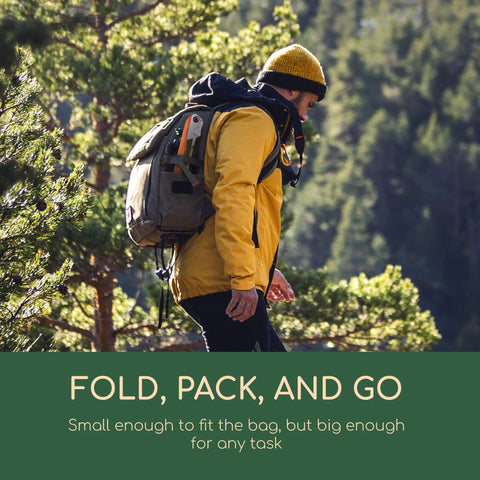 Person hiking with Foldable Camp Saw With 11.4 Inch SK5 Steel Blade attached to backpack