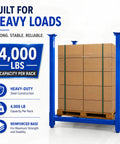 Built Like A Tank Portable Stack Racks 4000 Lb Capacity Each 8 Pack Set with stacked boxes and blue steel frame.