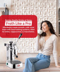 Top Tier Lever Espresso Machine With 38 Ounce Solid Brass Boiler And Dual Frothing System Chrome Finish, showcased on countertop.