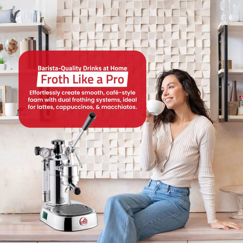 Top Tier Lever Espresso Machine With 38 Ounce Solid Brass Boiler And Dual Frothing System Chrome Finish, showcased on countertop.