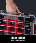 VersaStack 20 Compartment Small Parts Organizer With Removable Dividers, clear lid, secure latch, easy carry handle shown