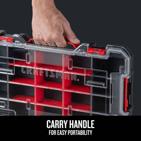 VersaStack 20 Compartment Small Parts Organizer With Removable Dividers, clear lid, secure latch, easy carry handle shown