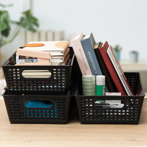 Stackable Woven Plastic Storage Baskets 6 Pack For Cabinet Closet Shelf Under Sink Countertop Pantry Organizer Bins With Extra Large Capacity For Kitchen And Bathroom Organization, holding books and supplies.