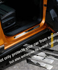 Rock Solid Stainless Steel Door Sill Guards For Tesla Cybertruck 2023 2025 shown on vehicle door for durability and protection.