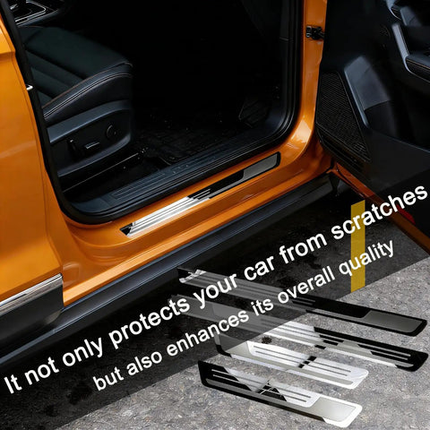 Rock Solid Stainless Steel Door Sill Guards For Tesla Cybertruck 2023 2025 shown on vehicle door for durability and protection.