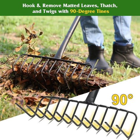 Heavy Duty Garden Rake For Leaves And Debris With 60 Inch Adjustable Handle, Wide Bow Head For Big Yard Cleanup, Metal Tines With 90 Degree Curved Design