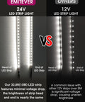 Comparison of Ultra Bright Cool White LED Strip Lights 32.8ft 24V UL Listed 1200 LEDs and 12V strip showing brightness difference.