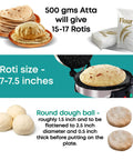 Libra Electric Roti Maker Machine With Non Stick 8.5 Inch Plates Auto Temp Control And Durable Handle showing dough balls and cooked rotis.