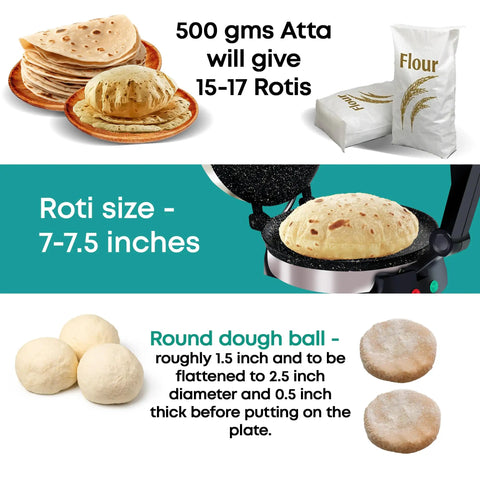 Libra Electric Roti Maker Machine With Non Stick 8.5 Inch Plates Auto Temp Control And Durable Handle showing dough balls and cooked rotis.