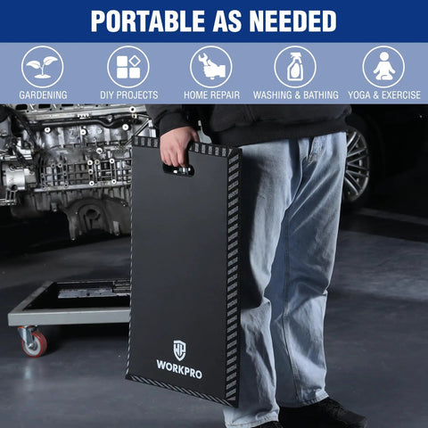 Person holding Extra Thick Kneeling Pad Black For Knee Pain Relief, Ultra Comfort 1.2 Inch Foam, Waterproof Cushion 28 By 16 Inches