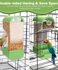 No Fuss Acrylic Automatic Bird Feeder With Sturdy Perch For Cage showing double-sided access and vibrant birds feeding.