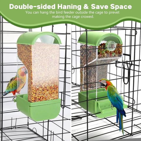 No Fuss Acrylic Automatic Bird Feeder With Sturdy Perch For Cage showing double-sided access and vibrant birds feeding.