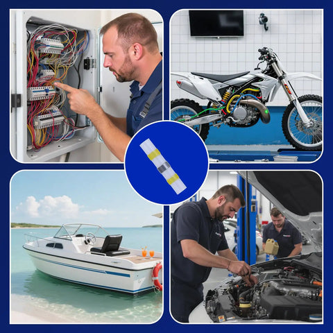Waterproof Solder Seal Wire Connectors Kit For Auto And Marine Use Self Soldering Heat Shrink Electrical Connectors Set 26 To 10 AWG 4 Sizes 800 Pcs No Crimping Tools Needed with mechanic using in boat and auto repair environments.