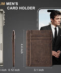 Ultra Slim Front Pocket Leather Wallet With RFID Blocking Minimalist Card Holder Only 0.12 Inch Thick Measures 3.1 X 4.4 Inches perfectly sized beside a smartphone
