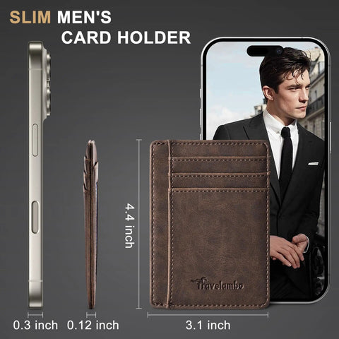 Ultra Slim Front Pocket Leather Wallet With RFID Blocking Minimalist Card Holder Only 0.12 Inch Thick Measures 3.1 X 4.4 Inches perfectly sized beside a smartphone