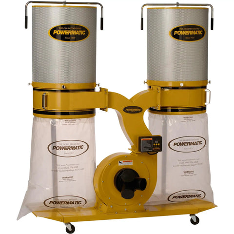 Heavy Duty Three Horsepower Industrial Dust Collector With Two Micron Canister Filter And Delay Timer for effective wood workshop cleanup.