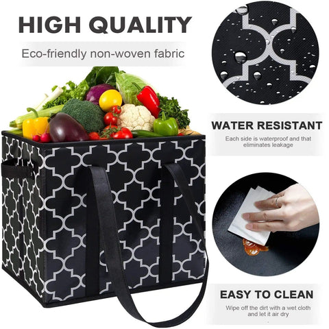 Reusable Grocery Bags 3 Pack Foldable Washable Large Storage Bins Basket Water Resistant Shopping Tote Bag Black filled with vegetables