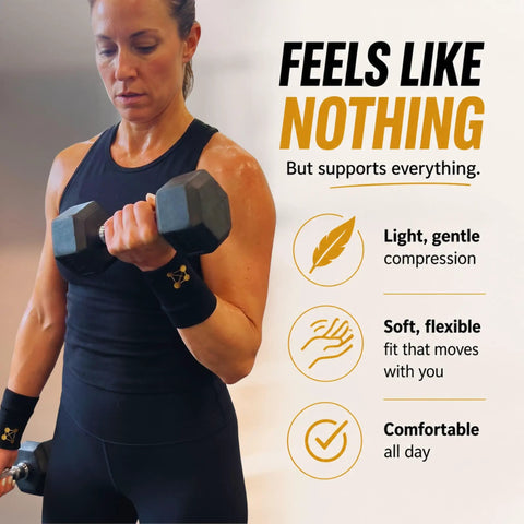 Copper-Infused Wrist Compression Sleeve Providing 20-30 MmHg Support For All-Day Wear Hand Stability For Weightlifting Yoga Bowling And Other Sports 1 Pair Small worn by person lifting dumbbell