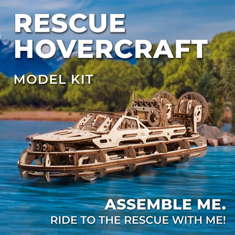 Rescue Hovercraft DIY Kit For Adults, 3D Wooden Puzzle Ship, Premium Wood Boat Kit To Build At Home With An Intricate Design And Spring Motor, Ideal Hobby Kit For Builders And Collectors. Wooden model hovercraft on water