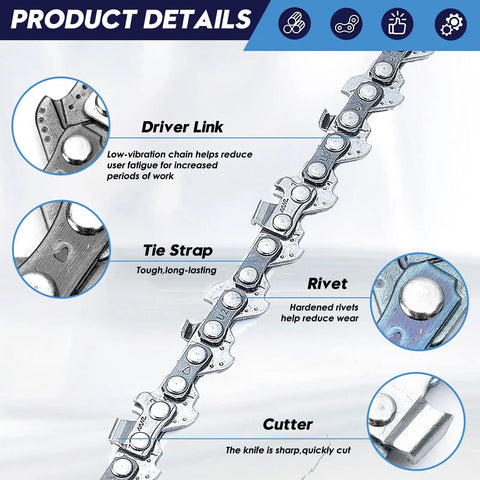 8 Inch Mini Chainsaw Chain Set 2 Pack With Sharpening Kit For Quick Cuts, One Quarter Inch Pitch Low Profile.043 Gauge, 46 Drive Links