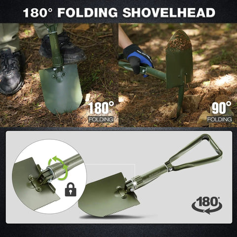 23 Inch Folding Camping Shovel With Cover High Manganese Steel Entrenching Tool with adjustable 180° shovelhead in use on dirt