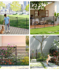 Collage of No Dig Garden Fence Kit With Gate, 10 Metal Panels, 32 Inch High, installed in garden and patio settings with pets.