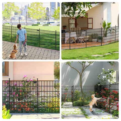 Collage of No Dig Garden Fence Kit With Gate, 10 Metal Panels, 32 Inch High, installed in garden and patio settings with pets.