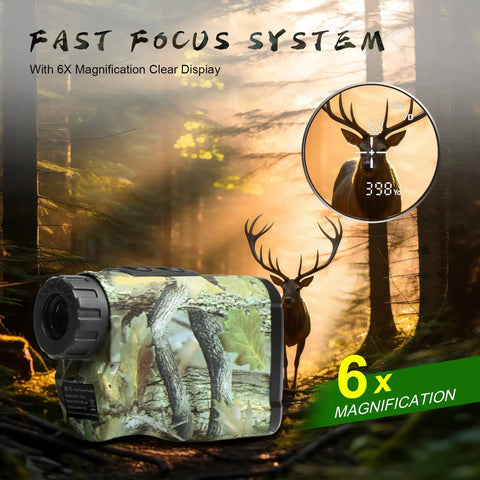 Range Finder For Huntin Up To 1400 Yards With 6X Magnification, Angle Compensation, Height Readout, Vibration Resistant Build For Tree Stand Bow Huntin And Rifle Shots, Delivers True Horizontal Distance On Slopes. camo hunting rangefinder with 6x magnification