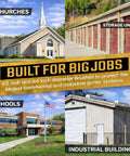 Built for big jobs banner showcasing churches, schools, storage units, and industrial buildings with gutters.