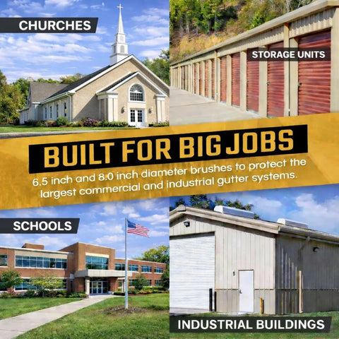 Built for big jobs banner showcasing churches, schools, storage units, and industrial buildings with gutters.