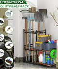 Heavy Duty Steel Garden Tool Rack With Two Tier Wooden Shelves And Six Hooks For Garage Organization Holds Up To Thirty Five Long Handled Yard Tools Durable Storage Solution To Keep Your Workshop Clutter Free