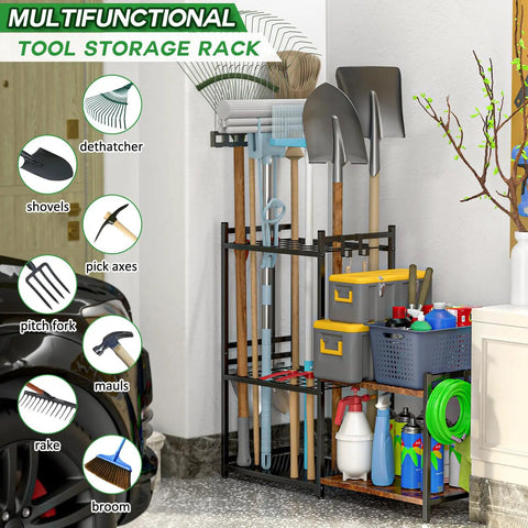 Heavy Duty Steel Garden Tool Rack With Two Tier Wooden Shelves And Six Hooks For Garage Organization Holds Up To Thirty Five Long Handled Yard Tools Durable Storage Solution To Keep Your Workshop Clutter Free