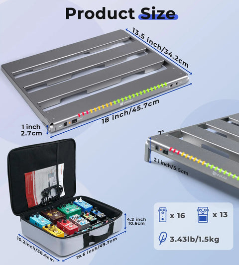Guitar Pedalboard With Isolated Power Supply, PD-M Aluminum One-Piece Bent Frame shown with dimensions and pedals in a bag