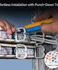 Hands using punch-down tool on Beefy 48 Port Cat6 Patch Panel, rackmount or wall mount, for 19 inch 2U network, 10 Gigabit Ethernet support.