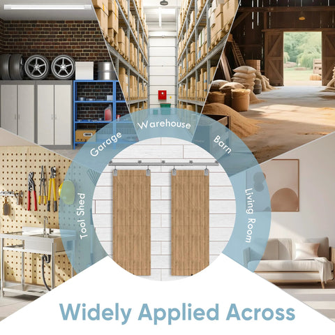 14 Ft Heavy Duty Box Rail Exterior Barn Door Hardware Kit For Two Doors Sliding Track System Outdoor Use With Anti Corrosion Finish, Doors Not Included, 450 Lb Capacity, Silver Weather Resistant For All Seasons showcased in multiple environments including garage, warehouse, barn, tool shed, and living room settings.