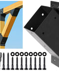2 Pack 45 Degree Pergola Angle Brackets For Deck Porch Log Cabin, Beefy 3.5x3.5 Inch Stainless Steel 201 Brackets With 304 Screws, Black Powder Coated, Weatherproof Gazebo Support Kit shown with screws and drill bit