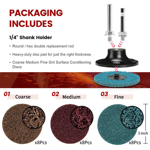 Roloc Sanding Discs Set Three Inch For Die Grinder 25 Pieces R Type Quick Change With One Quarter Inch Pad Holder Fine Medium Coarse Grit Nonwoven Surface Conditioning Discs For Wood Metal Plastic