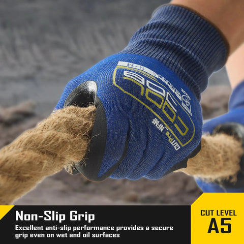Fiberglass Free A5 Cut Resistant Gloves For Men With Touchscreen Safety, Nitrile Grip Coated, Blue XL holding rope