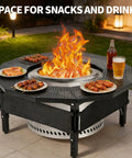 Fire Pit Table Surround With 360 Degree Safety Barrier Built Tough In Heavy Duty Steel, snacks and drinks on table, outdoor setting