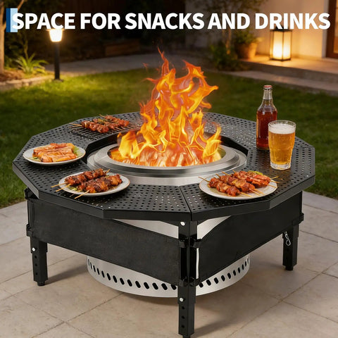 Fire Pit Table Surround With 360 Degree Safety Barrier Built Tough In Heavy Duty Steel, snacks and drinks on table, outdoor setting
