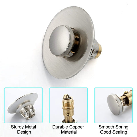 Brushed Nickel Pop Up Sink Stopper With Anti Clogging Strainer For 1.1 To 1.5 Inch Bathroom Drains, Bullet Core Push Type, Easy Install