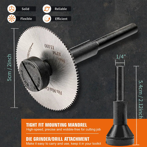 Two Inch Cut Off Wheel With One Quarter Inch Stem Mandrel For Die Grinder Or Drill, 100T, showing compact design and measurements.