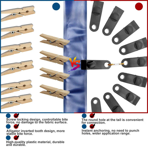 Heavy Duty Tarp Clips With Lock Grip Built Tough For Outdoor Use features and comparison with wooden clothespins.