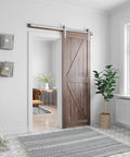 Brushed Nickel Barn Door Hardware Kit With Heavy Duty Sliding Track And Quiet Glide For 30 Inch Wide Door, 5 Feet Rail, J Shape Hanger installed