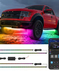 Underglow Car Lights Kit With RGBIC LED Strips, 16 Million Colors under red truck showing app control and scene modes.