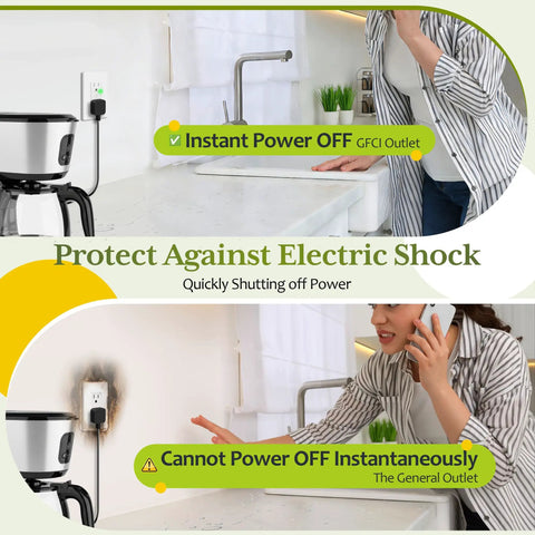 15 Amp GFCI Outlet with Self Test and LED Indicator Electrical Tamper Resistant Receptacle shown in kitchen, protecting against shock.