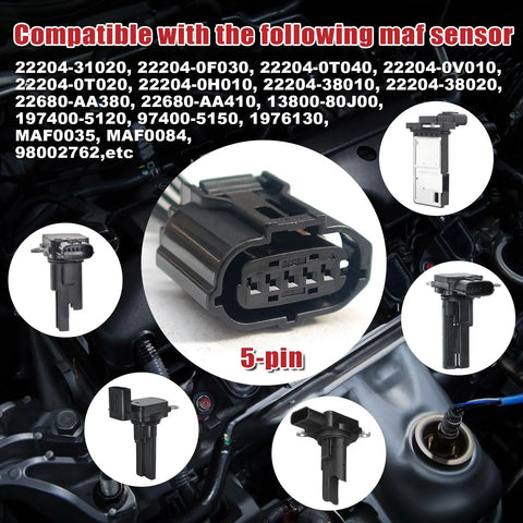 Mass Air Flow Sensor Connector Plug Pigtail Harness 5 Pin for MAF Sensor; shows 5-pin connector with compatibility details.